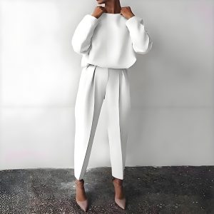 Women's Solid Color 2-Piece Set Round Neck Long Sleeve Top & Pleated Pants Loungewear For Spring & Fall