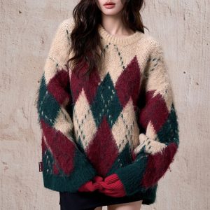 Women's Rhombus Pullover Retro Lazy Style