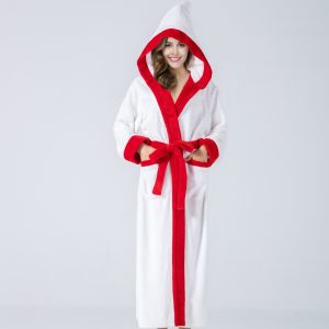 Womens Plush Fleece Hooded Bathrobe, Thick Nightgown Long Robe Sleepwear With Two Side Pockets And Belt