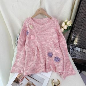 Sequined Knitted Pullover Round Neck Stitching Flower Fashion Sweater