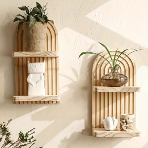 2 Wooden Double Wall Shelves - Simple Faux Wood Curved Shelves With Decorative Tops, Space-saving For Storing Plants, Books And Decorations - Versatile Wall-mounted Organizers For Your Living Room