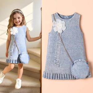 Girl's Sleeveless 3D Floral Denim Dress