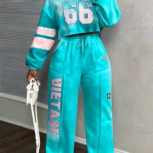 Printed Casual Cropped Sweatshirt And Wide-leg Pants Set