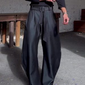 Chic Black Oversized Wide-Leg Pants With High-Waisted Belt
