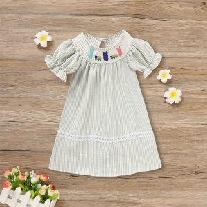 Toddler Girl's Cute Dress, Bunny & Floral Embroidery Checkered A-Line Dress With Lace Trim