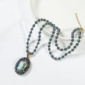 Natural Abalone Shell Pendant Black Stone Necklace