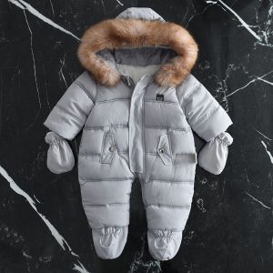 Fleece-lined Thick Large Fur Hooded Baby Jumpsuit