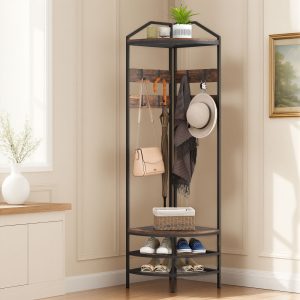 Corner Hall Tree, Industrial 4-Tier Coat Rack with Shoe Storage, 8 Movable Hooks and 2 Shelves for Hallway, Rustic Brown