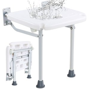 Folding PE Shower Seat, 15.7'' X 14.8'' Unfolded, Wall Mounted Fold Up Shower Bench With 500 Lbs Load Capacity, Space Saving Fold Down Shower Chair For Seniors Pregnant Women Children Adults