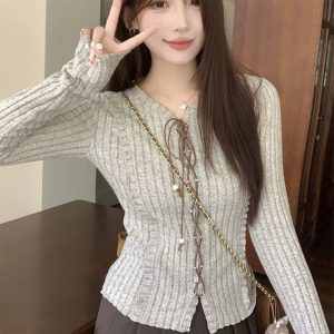 Vintage Strapped Long-sleeve Knit Sweater For Women