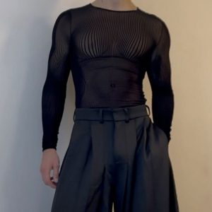 Black Mesh Long-Sleeve Top With Sheer Design