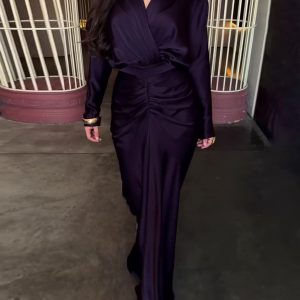 Plum Satin Maxi Dress With Wrap Front And Ruched Detail