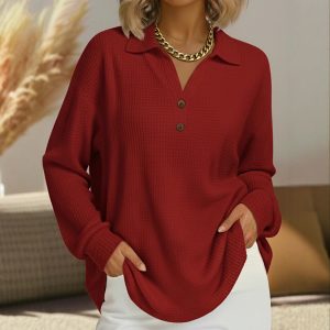 Fashion V-neck Button Solid Color Loose Long Sleeve Pullover