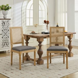 French Decor Chairs Set Of 2, Louis Dining Chairs With Square Rattan Backrest And Exquisitely Carved Solid Wood Frame For Living Room, Kitchen, Restaurant,SW1779GY, Gray