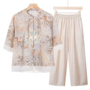 Mom New Spring And Summer Wear National Style Small Shirt Two-piece Set