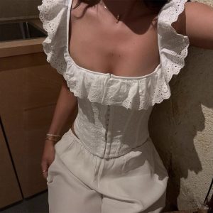 Women's French Two-tone All-cotton Embroidered Lace Ruffled Vest