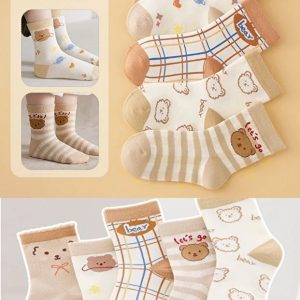 5 Pair Kids Bear Pattern Socks Soft Comfortable Daily Wear