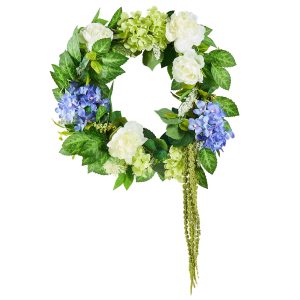Artificial Decorative Wreath 23 In Blue White Green Hydrangeas Roses Year Round