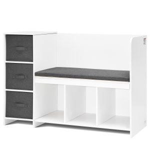 Kids Reading Nook Bench, Toddler Bookshelf And Bookcase With Detachable Seat Cushion, 6-Cubby Storage Organizer Bench With 3 Drawers, Ideal For Playroom, Bedroom, Living Room Or Entryway, White