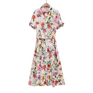 Women's Turn-down Collar Belted Waist Print Poplin Midi Long Dress