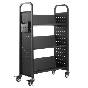 3-Tier Rolling Book Cart Single Sided V-Shaped Shelves Book Truck In Black