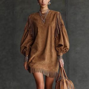 Ladies Fringe Loose Solid Color Dress
