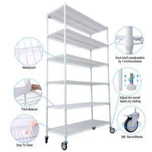 6 Tier 6000lbs Capacity NSF Metal Shelf Wire Shelving Unit, Heavy Duty Adjustable Storage Rack With Wheels  Shelf Liners For Commercial Grade Utility Steel Storage Rack, White - 84 H X 48L X 20D