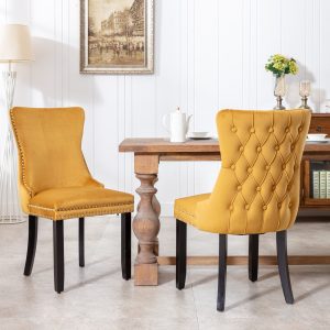 A&A Furniture,Upholstered Wing-Back Dining Chair With Backstitching Nailhead Trim And Solid Wood Legs,Set Of 2, Golden, SW8809GL
