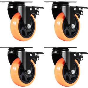 Caster Wheels, 10.1 Cm Swivel Plate Casters, Set Of 4, With Safety A And B Locks, Noiseless PVC Wheels, Each Caster Supports 158.8 Kg, Suitable For Trolleys, Furniture, And Workbenches With Non-markin