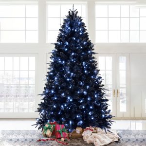 7-Foot Decorative Black Halloween Christmas Tree Artificial Holiday Decoration For Home, Office, And Halloween Parties. Includes 1,916 Branch Tips, 450 Lights, Metal Hinges, And A Foldable Base.