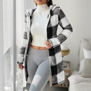 Women's Long Sleeve Plaid Long Hooded Sherpa Coat, Soft Fleece Lined Jacket With Pockets For Winter