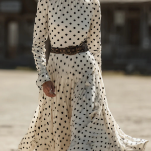 Polka Dot High-neck Long-sleeved Fitted Midi Dress