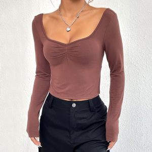 Fashionable Women's Slim-fit Sexy Split Hem V-neck Long Sleeve T-shirt