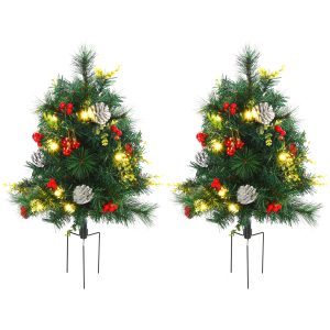 Christmas Tree 2-Pack Outdoor Pre-Lit Artificial Pine Cordless with 24 Warm Lights and Stakes