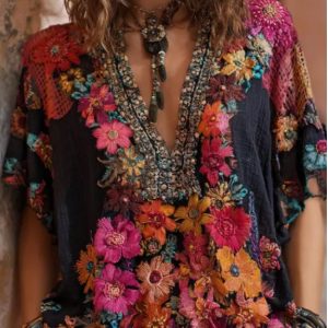 Retro Color-blocked Casual V-neck Mid-sleeve Top