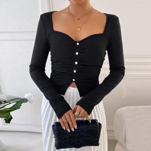 European And American Women's Clothing French Little Fragrance Square Neck T-shirt Autumn And Winter Elegant High-end Slim Top