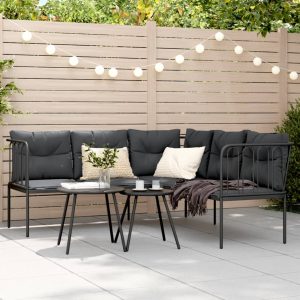 L-shaped garden sofa with cushions, black, steel and textilene