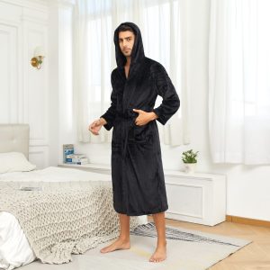 RONGTAI Womens Plush Fleece Hooded Bathrobe, Thick Nightgown Long Robe Sleepwear With Two Side Pockets And Belt