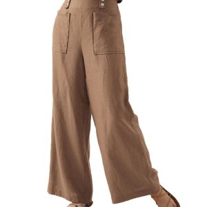 Solid Color Button High Waist Wide Leg Casual Pants Women