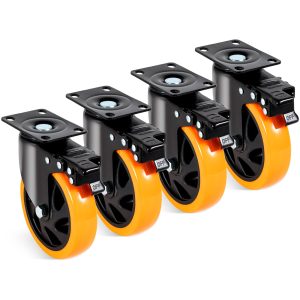 Caster Wheels, 12.7 Cm Swivel Plate Casters, Set Of 4, With Security A,B Locking No Noise PVC Wheels, Heavy Duty 204.1 Kg Load Capacity Per Caster, Non-Marking Wheels For Cart Furniture Workbench
