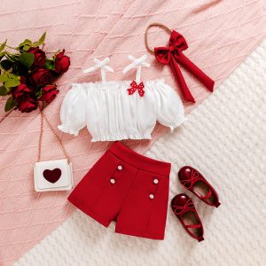 Red Button Shorts Bow Accessory Cute Style