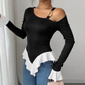 Black One-shoulder Strap Metal Ring Buckle Embellished With Ruffled Hem Top For Women