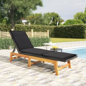 sun lounger with cushion, poly rattan & solid wood