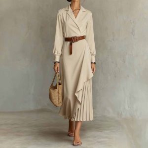 Western-style Irregular Pleated Long-sleeve Dress For Spring And Autumn