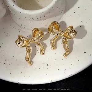 Gold Small Bow Drop Earrings For Women Elegant Delicate Jewelry