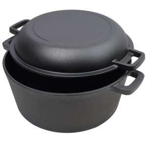 2 In 1 Pre-Seasoned Cast Iron Dutch Oven With Dual Handles, Outdoor Camping Deep Pot For Camping Fireplace Cooking BBQ Baking Campfire, 5 Quart.With 1pc Iron Pot Rack.
