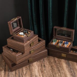Household Portable Retro Wood Grain PU Leather Watch Storage Box