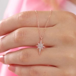 925 Sterling Silver Star Necklace With Zircon Stones Rose Gold Plated