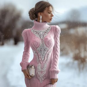 Printed Women's Slim-fit High-neck Bodycon Dress Sweater