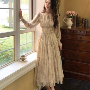 Women's French Floral Chiffon Long Waist Dress